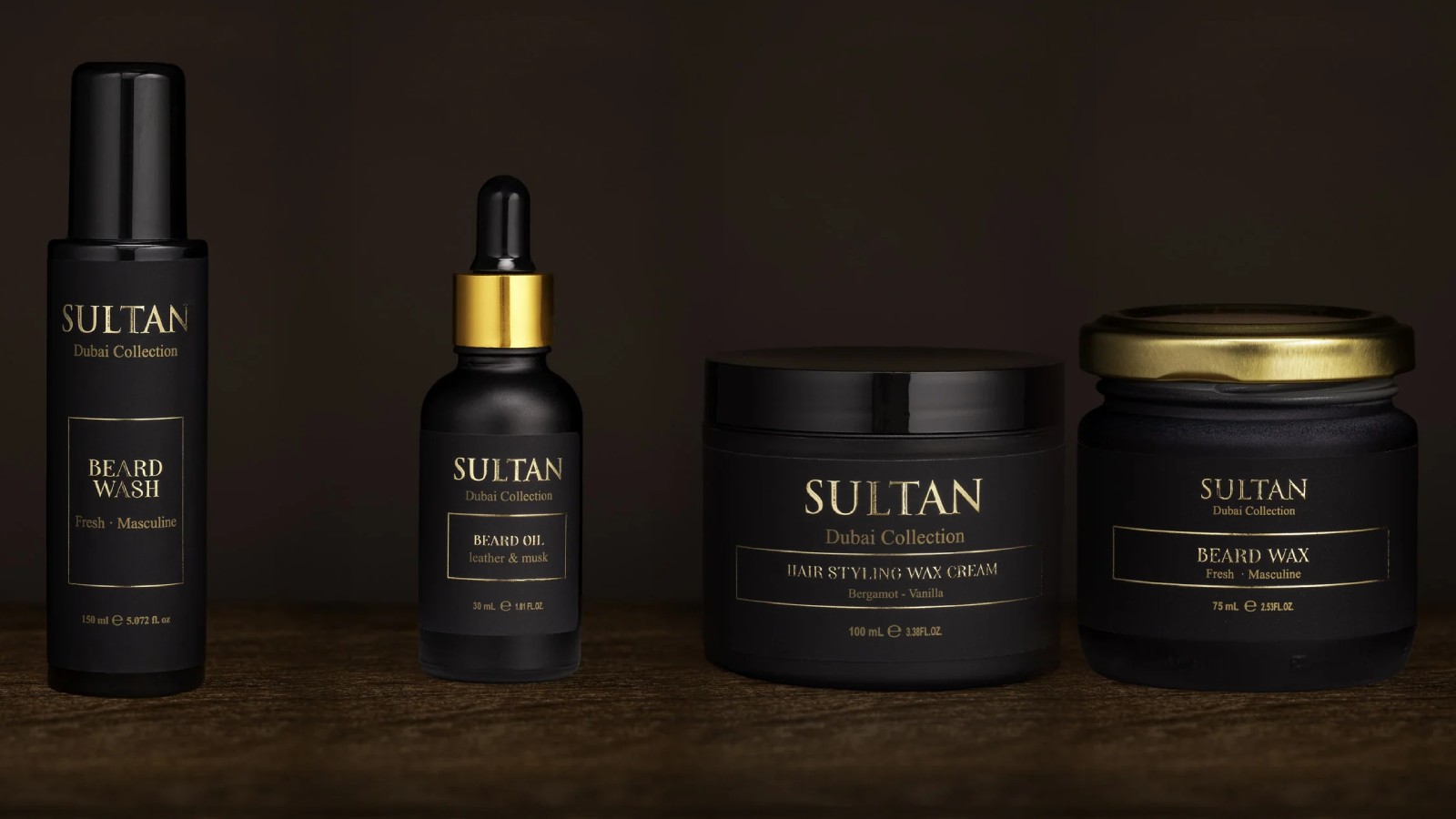 Sultan Gift Kit med skäggolja, skäggvax, skäggschampo och hårvax i en svart presentask